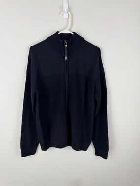 Men's Black Zip-Up Knit Sweater with Stand Collar